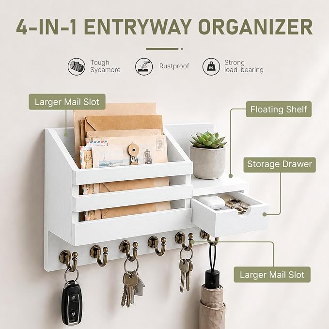 FifthQuarter Key Holder Wall Mount: Key and Mail Holder for Wall with 6 Hooks and Storage Drawer, Easy Installation Key Rack for Entryway Home Decor (A-White)