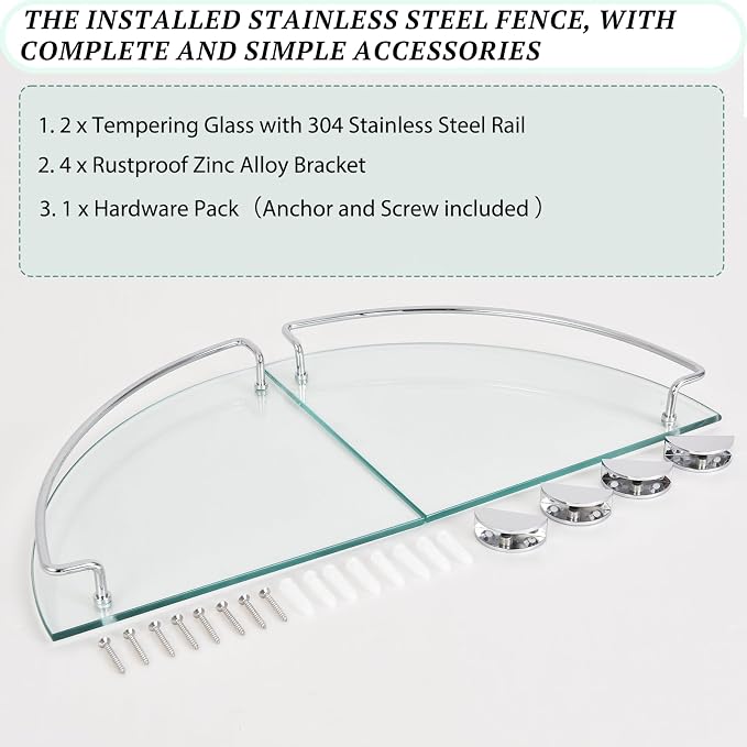 2 Ties Glass Corner Shelf with SUS 304 Stainless Steel Rail Chrome Finished, Esquinero para baños, Rustproof Tempered Glass Shelf, Shower Caddy Organizer 9.8" x 9.8"