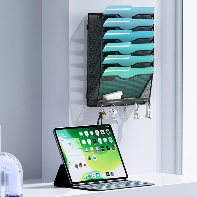 Gawerk 7-Tier Wall File Organizer Hanging Wall File Holder Wall Mount Paper Folder Organize, Mesh Magazine Document Mail Organizer for Office School Home, Black