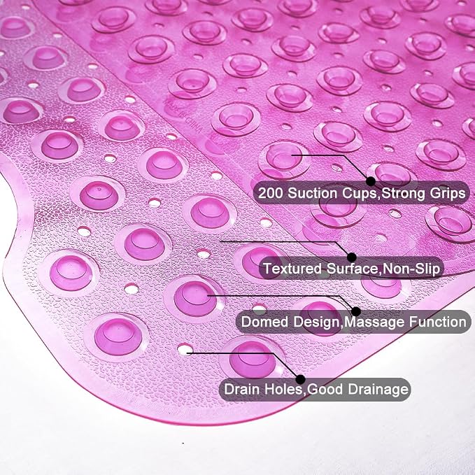 Bathtub Mats for Shower Tub Non-Slip Bath Mat 39 x 16 Inch Extra Long Shower Mat, Bath Tub Mat for Bathroom with Machine Washable, BPA Free for Kids (Clear Hot Pink)