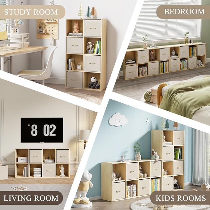 EXPERLAM 8 Cube Storage Organizer - Solid Wood Bookshelf with 4 Storage Bins, Cube Shelf with 2 Removable Back Panels, Vertical or Horizontal Bookcase, Open Book Shelf for Bedroom, Living Room, Office