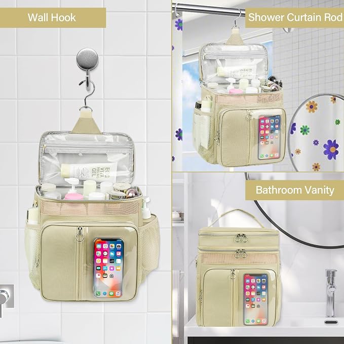 Portable Shower Caddy College Dorm Essentials, Large Toiletry Bag for Women Men, 2 Layers Quickly Dry Mesh Bathroom Tote Bag, Hanging Makeup Organizer Bag for Travel, Gym, Camping(Apricot)