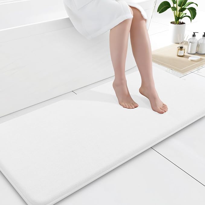 Smiry Memory Foam Bath Mat 47x20, Extra Soft and Absorbent Bathroom Mats, Non Slip Washable Carpet for Floor, Shower and Tub, White