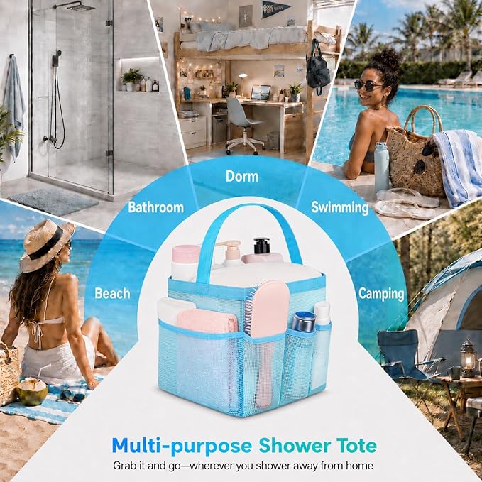 Attmu Mesh Shower Caddy Portable for College Dorm Room Camping Essentials, Shower Caddy Dorm with 9-Pockets, Large Capacity Hanging Basket Bathroom Bag for Toiletry, Swimming, Gym, Camp, Beach