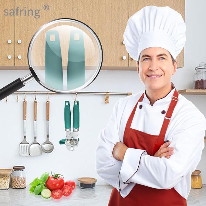 Safring Can Opener Manual, Handheld Strong Heavy Duty Stainless Steel Can Opener, Comfortable Handle, Sharp Blade Smooth Edge, Can Openers with Multifunctional Bottle Opener, Aqua Sky