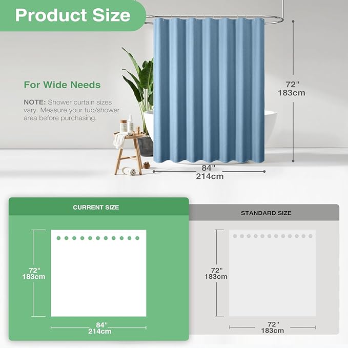 Dynamene Extra Wide Shower Curtain - 84 Inch Wide Waffle Weave Weighted Thick Cloth Bathroom Shower Curtain, Neutral Heavy Duty Hotel Bath Curtain Set with 14 Plastic Hooks, 84x72, Moonlight Blue
