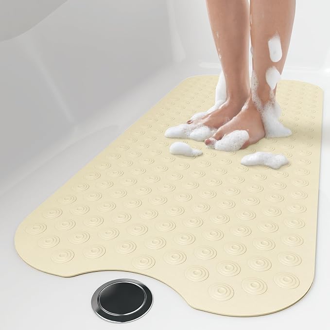 OTHWAY No Suction Cup Bath Mat: 39x16 inch Extra Long Bathmat│Perfect for Refinished or Ordinary Bath Tubs│Made of Nature Rubber│a Blessing for the Elderly and Children (Beige)