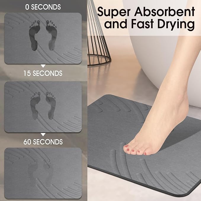 ZIKIBL Stone Bath Mat Diatomaceous Earth Shower Mat Non-Slip Super Absorbent Diatomite Stone Mats for Bathroom Floor/Ktichen Cuonter Quick-Drying Easy to Clean (24''*16'' Grey-Feather)