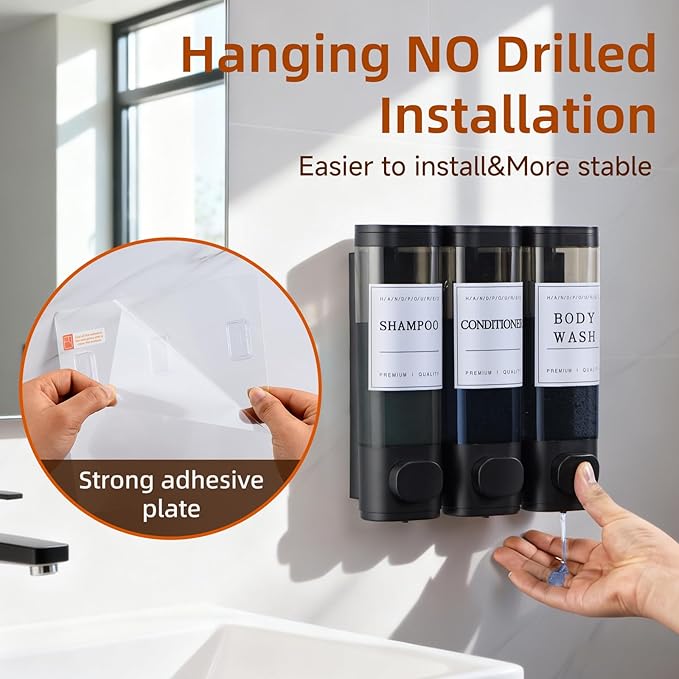 Shampoo and Conditioner Dispenser,Shower Soap Dispenser 3 Chamber No Drill Wall-Mounted Shampoo Dispenser for Shower Wall Mounted Shower Dispenser for Bathroom Hotel Large Capacity,Black