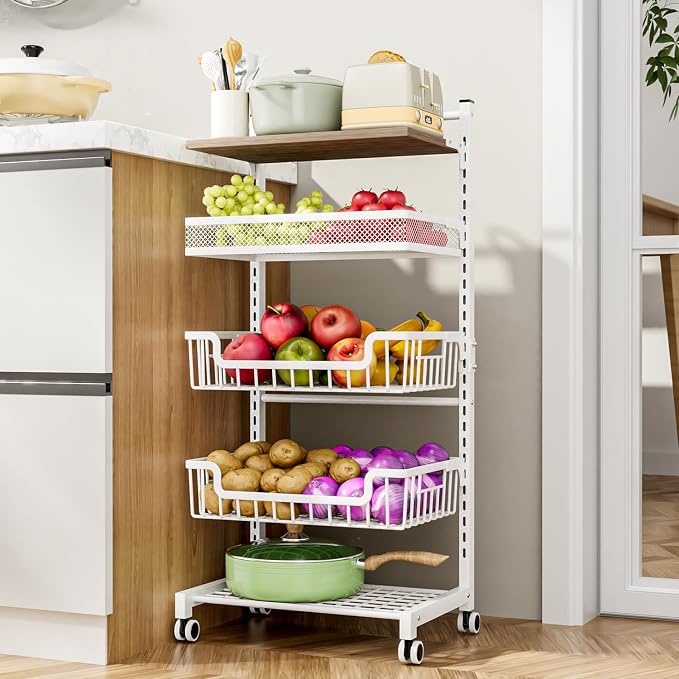 HapiRm Fruit Basket Kitchen Cart - 5 Tier Adjustable Vegetable Storage Rack, Large Capacity Rolling Kitchen Carts on Wheels for Snack Onion and Potato Storage