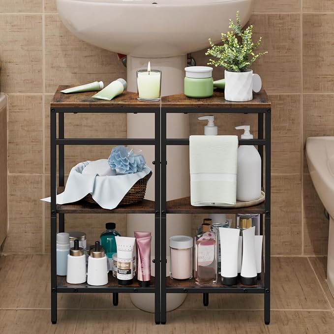 Pedestal Sink Storage, 2 Pack Under Sink Organizer Shelf for Bathroom 3 Tier Wooden Corner Shelves Standing Under Vanity Storage Shelf for Small Space, Bathroom Organizers and Storage Rack, Brown