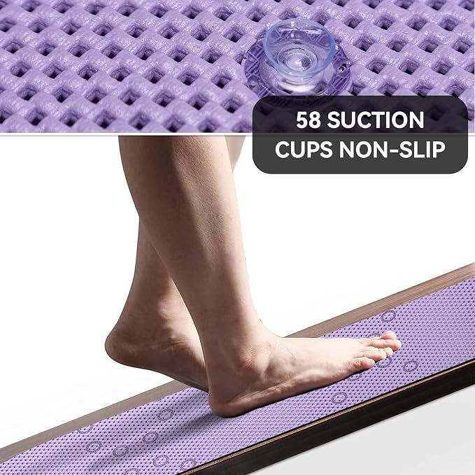 Bathtub Mat Non Slip 36” X 17” Purple Shower Mat Soft Foam Bath Mats for Bathroom Tub, Bathtub Mat with Drain Holes, Suction Cups, Shower Mat Non Slip