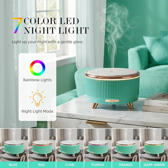 500ML Large Capacity Essential Oil Diffuser, Ultrasonic Aromatherapy Diffuser with 7 Color LED Lights with Remote Control, Cool Mist Humidifier, Timed Mist, Auto Shut-Off (Emerald)