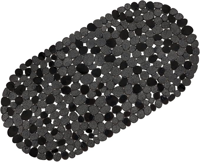 WELTRXE Pebbles Bath Mat for Tub Black Non-Slip Bathtub Mat with Suction Cups, Drain Holes for Bathroom Showers, Tub, Machine Washable, BPA, Latex Free Oval Shower Mats Bath Tub mat, 27 x 14 Inch