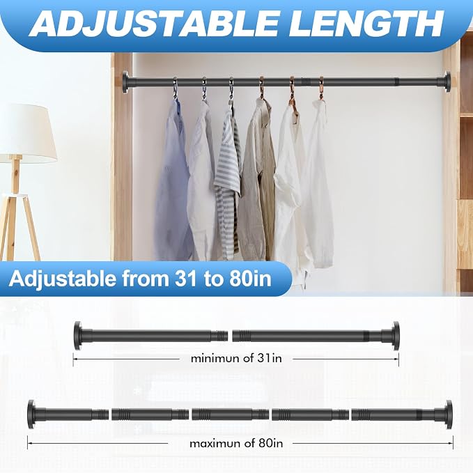 CorkLatta 2 Pack Black Shower Curtain Rod 31 to 80 Inch,1 Inch Diameter Adjustable Spring Tension Stainless Steel Telescopic Rod,Easy Install,No Rust
