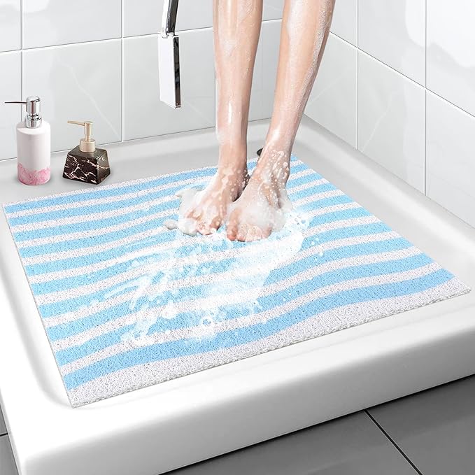 Non Slip Shower Mat, 24x24 Inch, Soft Comfortable Shower Floor Mat with Drain, PVC Loofah Bath Mat for Shower, Bathroom and Wet Areas, Quick Drying Easy Cleaning