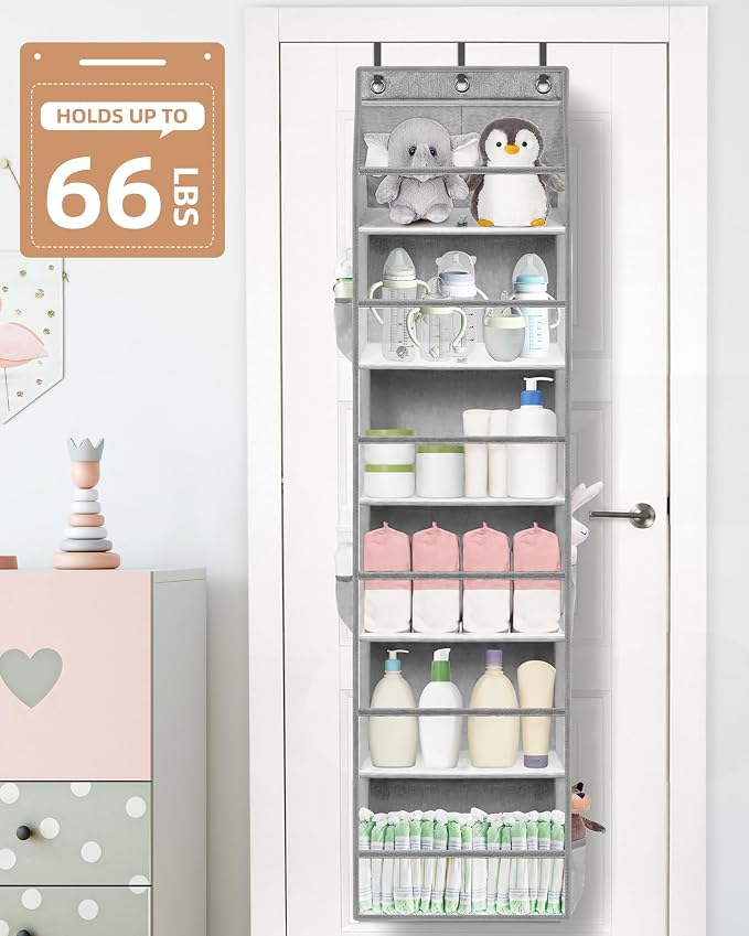 STORAGE MANIAC Over the Door Organizer 6-Shelf Closet Hanging Storage with 14 Mesh Pockets, 66lbs Capacity Clear Deep Pockets Behind Door Storage for Nursery, Bathroom, Bedroom, 1 Pack Grey