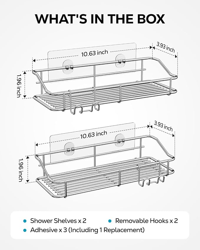 Nieifi Shower Caddy Shelf Storage Rack Adhesive Without Drilling Stainless Steel with Hooks for Washroom, Lavatory, Restroom, Toilet, Bathroom, Kitchen - 2 Pack