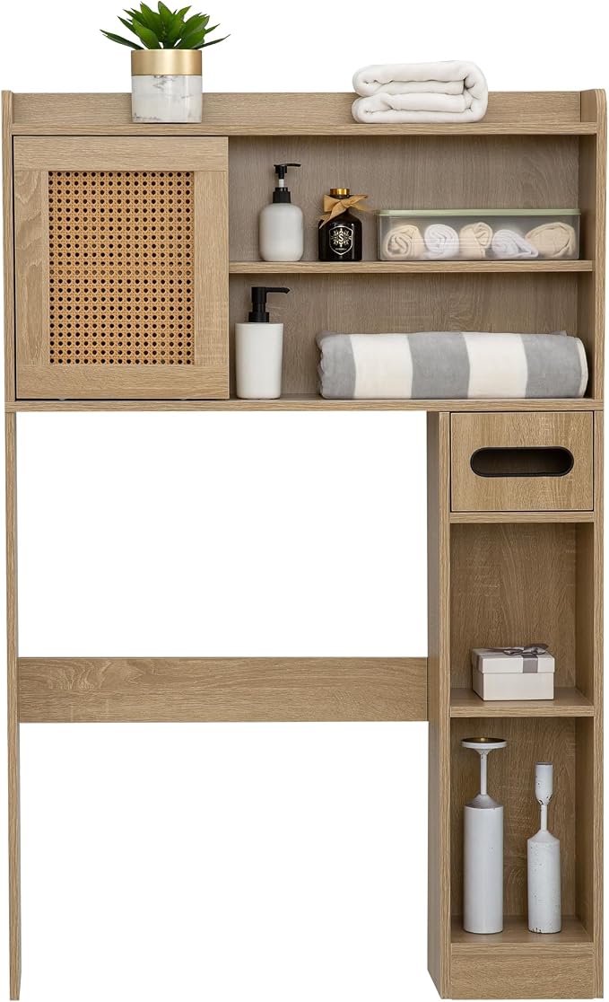 SUNTAGE 6Tier Over The Toilet Storage Cabinet, Freestanding Above Toilet Space Saver Rack w/Adjustable Shelves, Sliding Door, Multifunctional Over Toilet Organizer for Bathroom (Burlywood)
