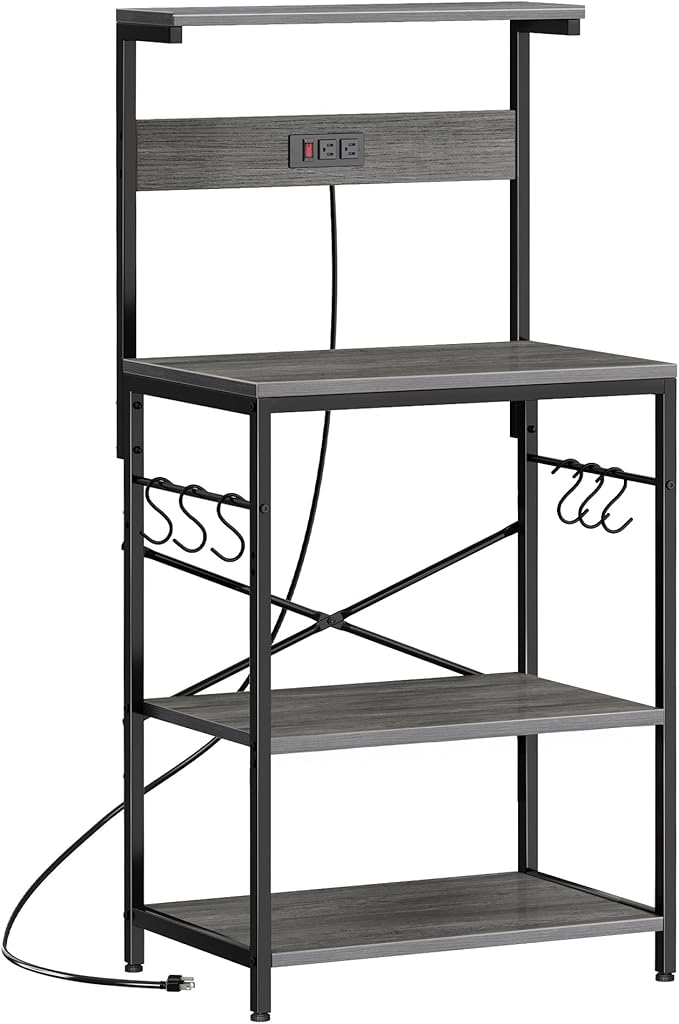 SUPERJARE Kitchen Bakers Rack with Power Outlet, Coffee Bar Table 4 Tiers, Kitchen Microwave Stand with 6 S-Shaped Hooks, Storage Shelf Rack for Spices, Pots and Pans - Charcoal Gray