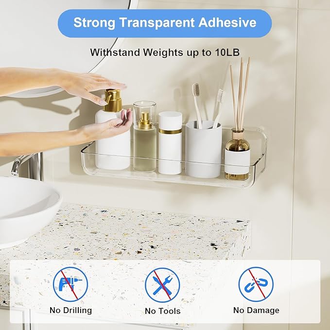 Diesisa Acrylic Wall Mounted Shower Caddy, Clear, Large Size 4D x 12.8" W x 3.3" H, Acrylic Shelf, No Drilling Walls Adhesive Shelf, Bathroom Shelves with Self Adhesive Tape for Bathroom, Kitchen
