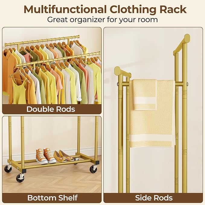 HYSEYY Double Rods Clothes Rack, Sturdy Rolling Clothing Rack, Portable Clothing Racks for Hanging Clothes - Metal Garment Rack Wardrobe Coat Rack for Bedroom Laundry Living Room, Gold