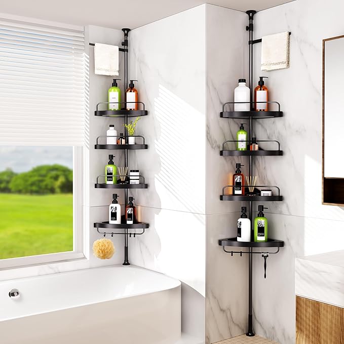 HAMITOR Corner Shower Caddy Tension Pole: Adjustable Stainless Steel Shower Organizer 4 Tier Shelf for Bathroom Bathtub Shampoo - Floor Standing Rack Bath Storage Holder with Rust Proof Rods - Black