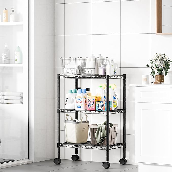 DUMOS 3-Tier Metal Wire Storage Shelves, Adjustable Standing Storage Rack Shelf with Wheels, Heavy Duty Steel Shelving Unit Organizers for Kitchen Bathroom Pantry Garage, 23.1" Wx13.4 Dx30.2 H, Black