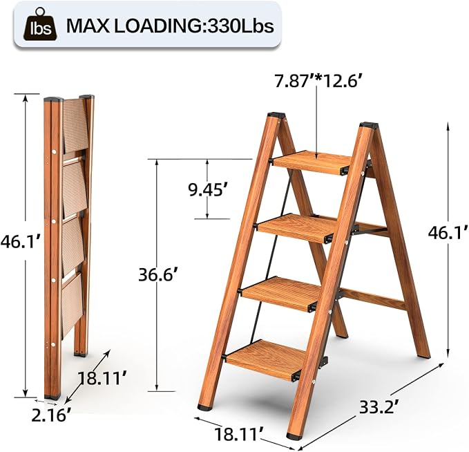 4 Step Ladder, Aluminum Folding Step Stool with Anti-Slip Sturdy and Wide Pedal, Lightweight Portable Stepladder for Home and Kitchen Use, Woodgrain, 330 lbs