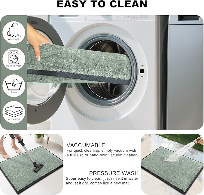 Mibao Front Door Mat Indoor Entrance, 29.5" x 17", Dirt Trapper Welcome Mat for Outdoor Indoor, Non-Slip Waterproof Doormat, Durable Machine Washable Low Profile Entry Rug for Back Door Outside,Green