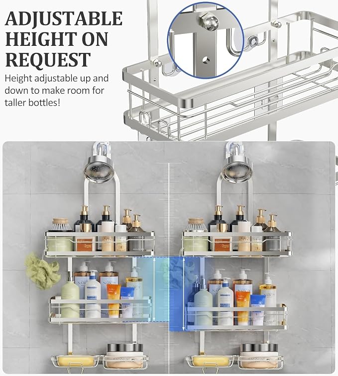 OMAIRA Shower Caddy Hanging with Soap Scrub Holder, Stainless Steel Adjustable No Drilling Non-Slip Large Capacity Sturdy Over Shower Head Shower Organizer Inside Shelves Bathroom Storage Rack, Silver