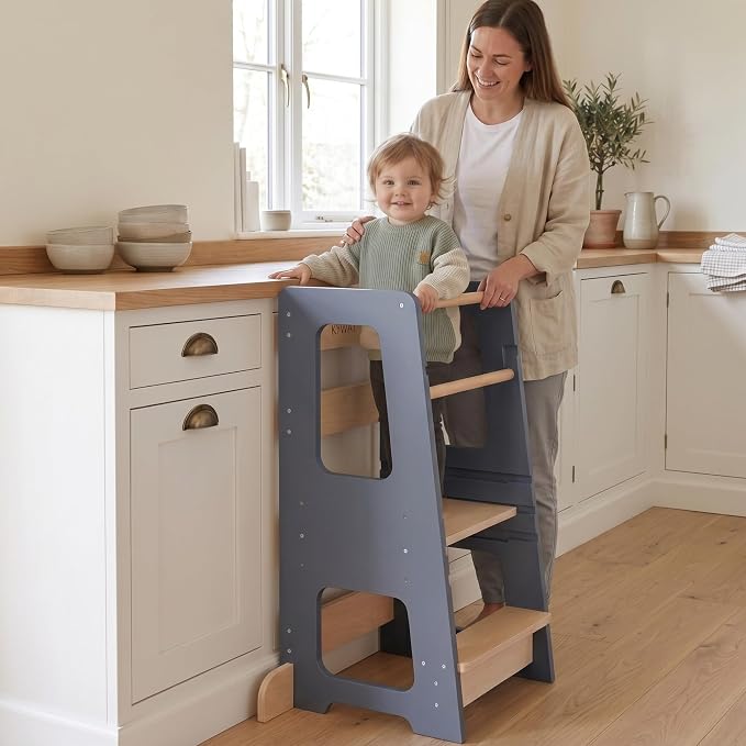 Toddler Tower for Kids, Adjustable Wooden Standing Tower & Kitchen Step Stool, Anti-Tip Montessori Tower with Removable Safety Rails & Non-Slip Steps - Sustainable Reclaimed Wood (Gray)
