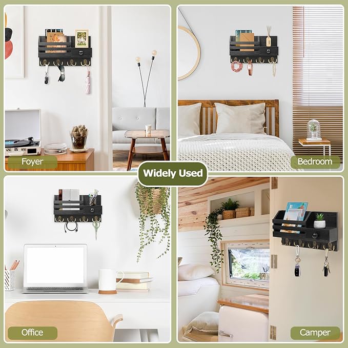Key Holder Wall Mount, Wooden Adhesive Mail and Key Organizer with Drawer, Small Shelf, 8 Hooks, 2 Installation Methods, Black
