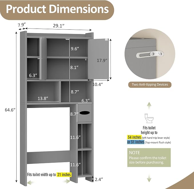 Over the Toilet Storage Cabinet, Freestanding Farmhouse Storage Cabinet Over Toilet, Bathroom Organizer with Paper Holder Stand and Adjustable Shelf, Grey