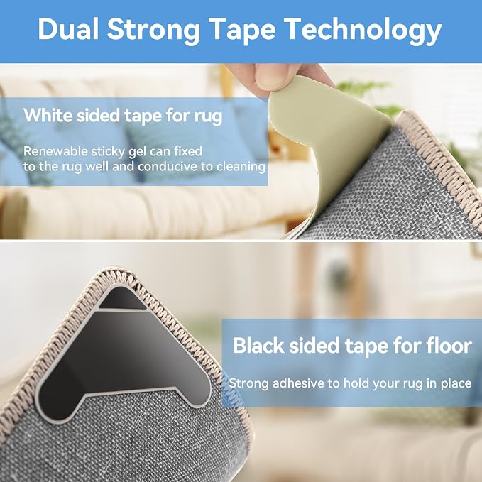 16 PCS Grippers for Rugs(2024 New), Lakuti Non Slip Dual Sided Rug Pads Grippers for Hardwood Floors and Tiles, Reusable Adhesive Carpet Rug Tape for Area Rugs(Black)