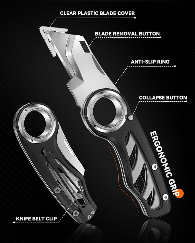 Folding Utility Knife Pocket Knife, Heavy-Duty Box Cutter with Anti Slip Finger Loop, Quick Change Blade Razor Knife, Box Cutters for Home, Office, Warehouse, Durable Razor Knife, Box Knife (Black)