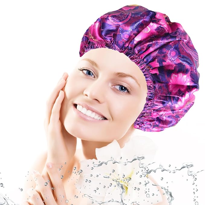 4 PCS Shower Cap for Women, Elastic and Reusable Bath Caps, Double Layers Shower Caps Reusable Waterproof, Bathing Shower Caps, Environmental Bath Hair Protection Cap - Printing Flower D