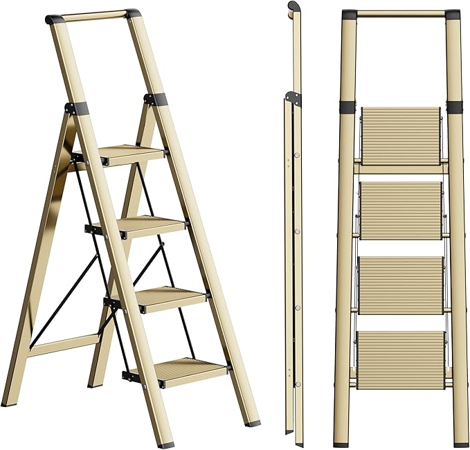 SOLADDER 4 Step Ladder, Folding Step Stool with Anti-Slip Wide Sturdy Pedal and Handgrip, Portable Lightweight Aluminum Stepladder, 300 lbs Capacity, Multi-Use for Home, Library - Brown Gold