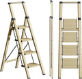 SOLADDER 4 Step Ladder, Folding Step Stool with Anti-Slip Wide Sturdy Pedal and Handgrip, Portable Lightweight Aluminum Stepladder, 300 lbs Capacity, Multi-Use for Home, Library - Brown Gold