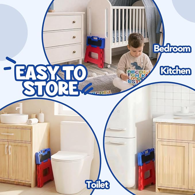 Delxo 9 Inch Folding Step Stool for Kids - Includes 3 Alphabet Letter Stickers & 2 Non-Slip Grip Pads, Sturdy Foldable Foot Stool for Toddlers, Kitchen, Bathroom & Bedroom (Red+Blue)