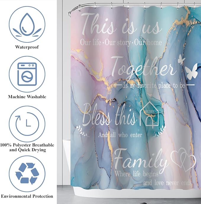4Pcs Family Marble Shower Curtain Sets with Rugs,Pink Blue Home Inspirational Bathroom Decor Set, Bathroom Sets with Shower Curtain and Rugs, Waterproof Bathroom Shower Curtains, with 12 Hooks