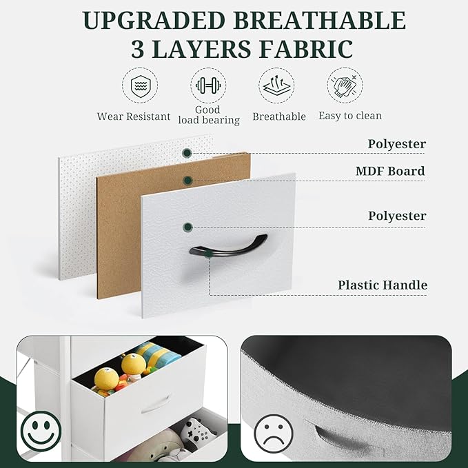 8-Drawer Dresser for Bedroom, Anti-Tip Tall Storage Organizer Chest of Drawers with Wooden Top and Metal Frame Fabric Bins for Closet, Living Room, Hallway, Entryway, White