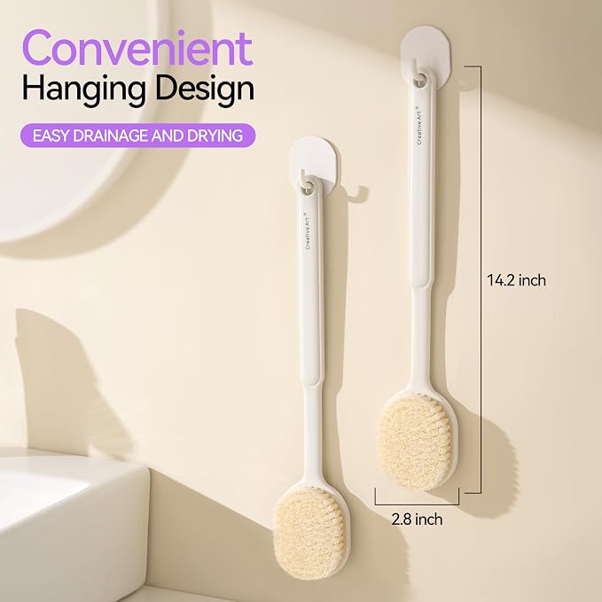 Back Scrubber for Shower for Women Men, Body Brush with Long Handle, Exfoliating Bath Washer with Soft Bristles, Body Exfoliator for Wet or Dry Brushing, Back Scrub Deep Cleaning, White