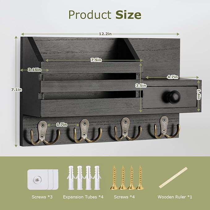 Key Holder Wall Mount, Wooden Adhesive Mail and Key Organizer with Drawer, Small Shelf, 8 Hooks, 2 Installation Methods, Black