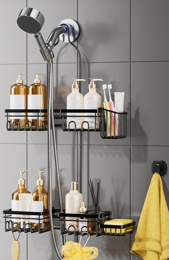 DAOYA Shower Caddy Hanging - Shower Caddy for Handheld Shower Heads with Soap holder, Toothbrush Holder & Suction Hook, Universal 0.82-inch Fit with Non-Slip Rubber Pad, Black