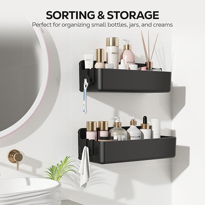 Nieifi Adhesive Wall Shelf, Shower Shelves, Shower Organizer for Bathroom Organization (Black, 2 pieces)