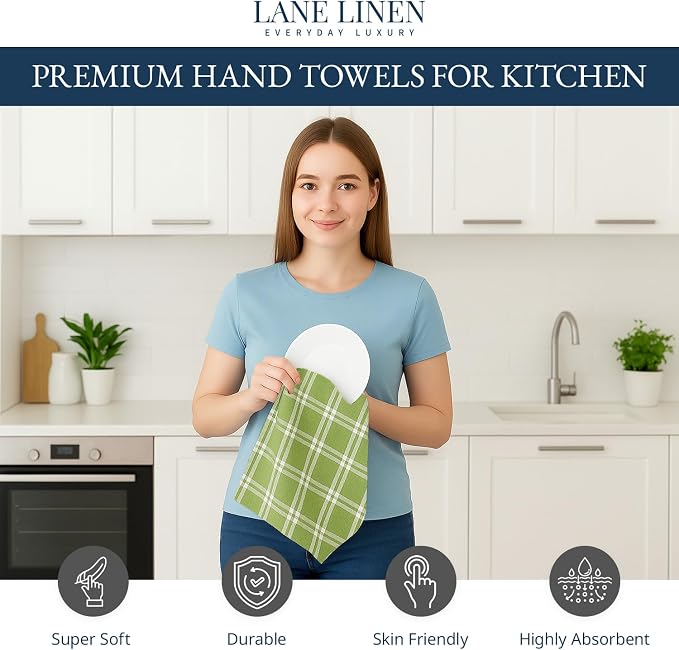 LANE LINEN Cotton Kitchen Towels Set, 4-Pack – Absorbent, Quick-Drying Dish Towels, 18" x 28" - Sage Green