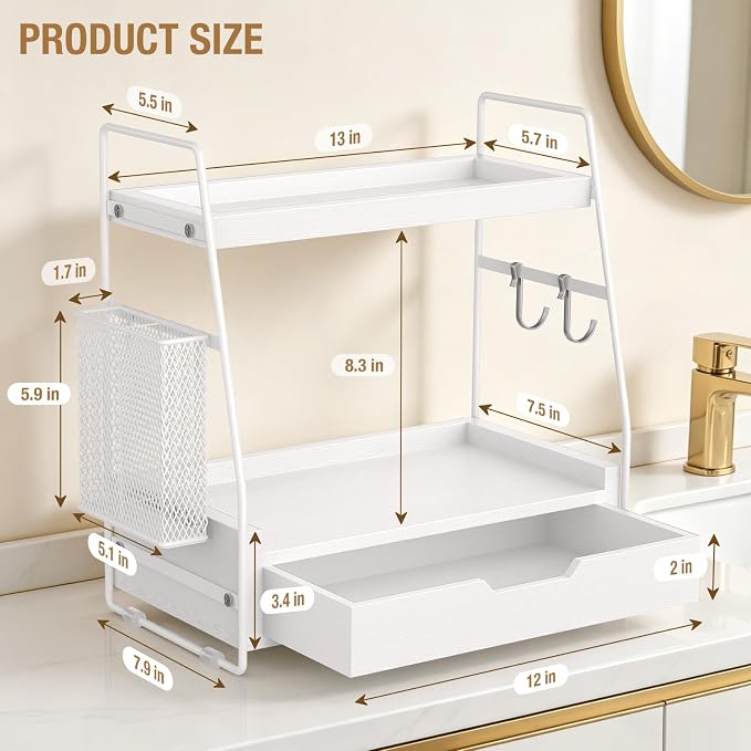 2-Tier Bathroom Counter Organizer with Drawer and Removable Basket, Wood Vanity Countertop Storage for Perfume, Makeup, Skincare, Bathroom Counter Shelf, 13" x 7.9" x 14.5", White
