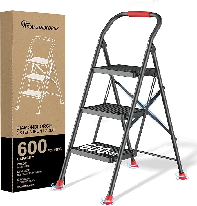 Step Ladder Foldable Folding Stool - for Home Adults Kitchen 3 Stepping Extension Tall Heavy Duty with Handrails - Closet Stepstool Stair Ladders Extendable Stepladder for Indoor House 600Lbs