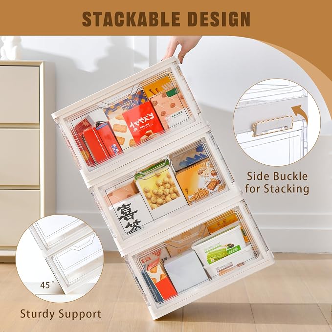 Freebat Stackable Plastic Storage Bins with Lids, Foldable Closet Organizers and Storage, 3 Drawer Storage Organizer，Clear Stackable Containers for Wardrobe,Bedroom,Office,Dorm
